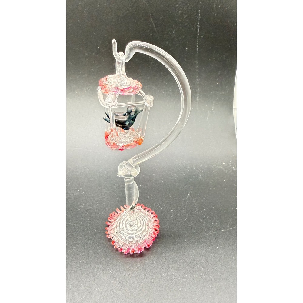 Hand Blown Glass Bird in Cage Figurine Pink Ruffle Stand Art Glass Sculpture